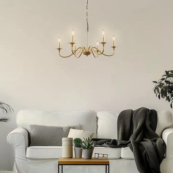 6-Light Gold Candle Rustic Industrial Iron Chandelier for Dining and Living Rooms