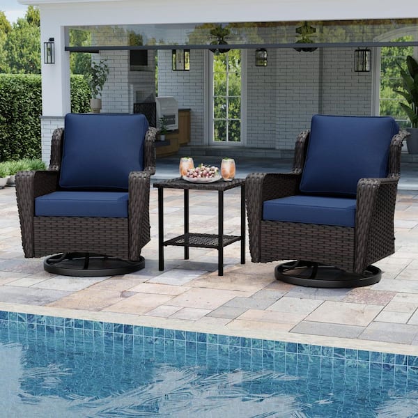 3-Piece Wicker Outdoor Rocking Chairs Swivel Chairs Patio Conversation Set Chat Set with Dark Blue Cushions and 1 Table