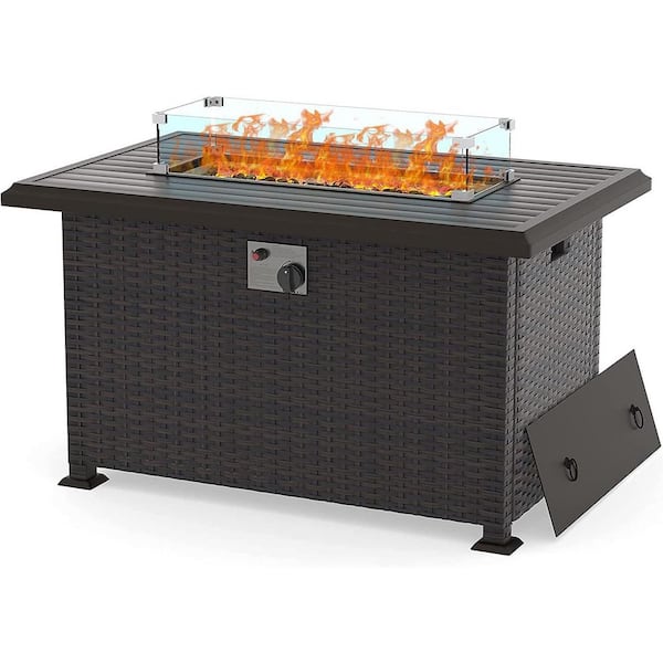 Brown 43 in. 55000 BTU Wicker Propane Outdoor Fire Pit Table with Glass Wind Guard Lid Fire Glass Beads