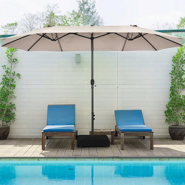 15 ft Double-Sided Patio Umbrella Market Twin Umbrella w/Enhanced Base Beige