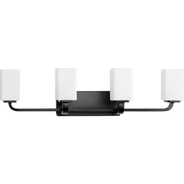 Progress Lighting Cowan 33.5 in. 4-Light Matte Black Vanity Light with Etched Glass Shades Modern for Bath and Vanity