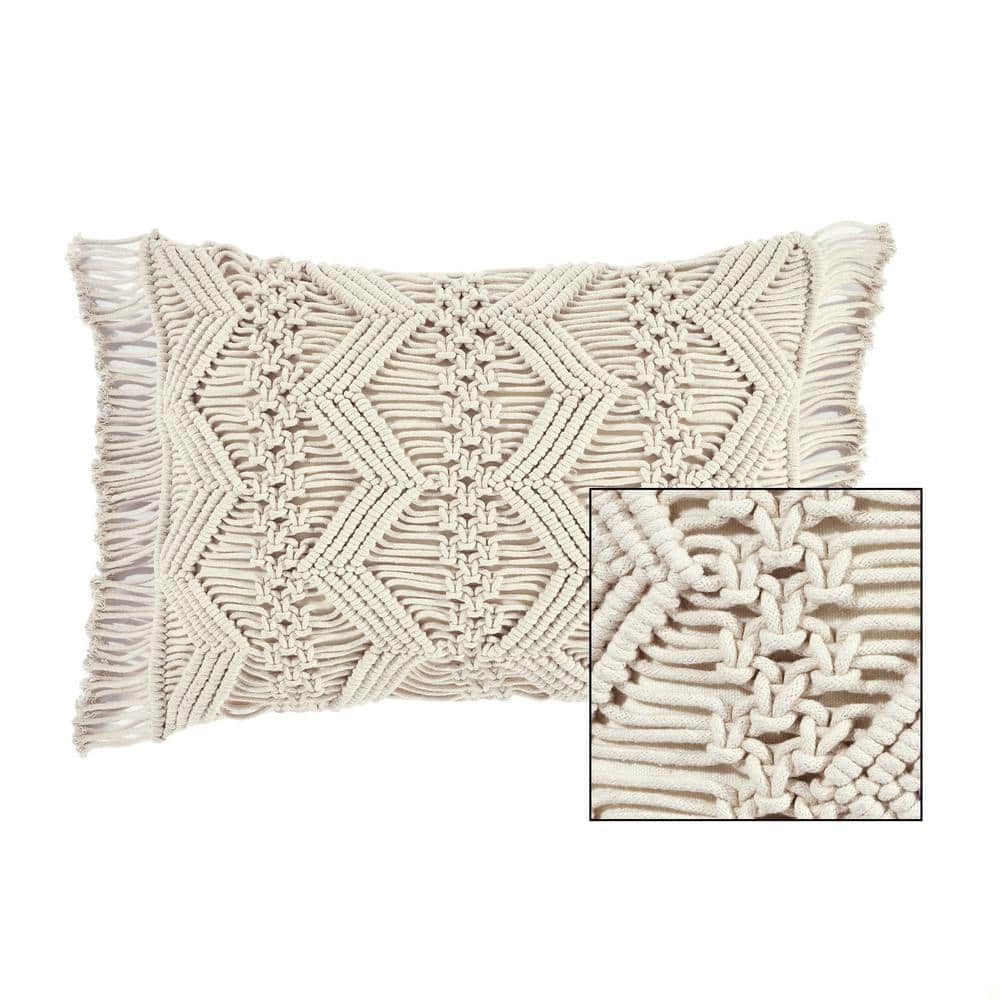 Bohemian Fringe Cotton Macrame Lumbar Pillow Cover - Neutral