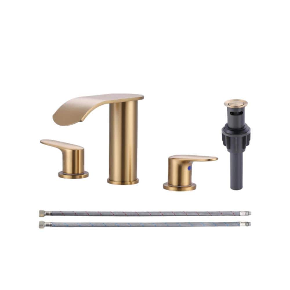 8 in. Widespread Modern Double Handle Waterfall Bathroom Faucet with Pop-up Drain and Supply Hoses in Brushed Gold price history on PriceWatchPro