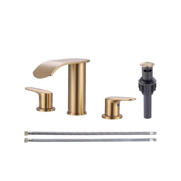 8 in. Widespread Modern Double Handle Waterfall Bathroom Faucet with Pop-up Drain and Supply Hoses in Brushed Gold