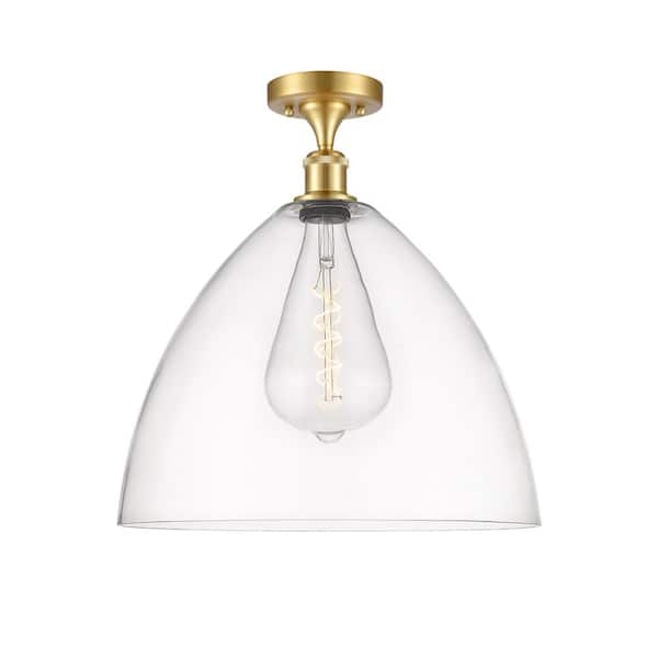 Bristol Glass 16 in. 1-Light Satin Gold Industrial Semi-Flush Mount with Clear Glass Shade