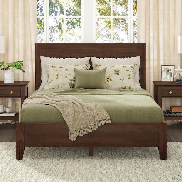 Lessio Dark Brown Mid-Century 13.7 in. Solid Wood Frame Full Platform Bed with Wooden Slats, Headboard, Easy Assembly