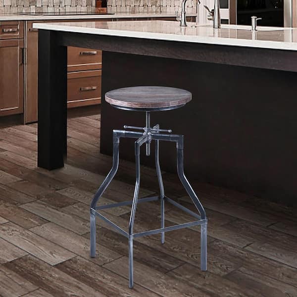 Armen Living Concord Adjustable Bar Stool in Industrial Grey with Pine Wood Seat