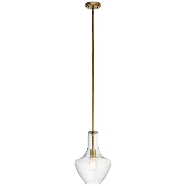 Photo 1 of Everly 15.25 in. 1-Light Natural Brass Transitional Kitchen Bell Pendant Hanging Light with Clear Glass