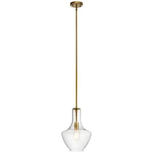 Everly 15.25 in. 1-Light Natural Brass Transitional Kitchen Bell Pendant Hanging Light with Clear Glass