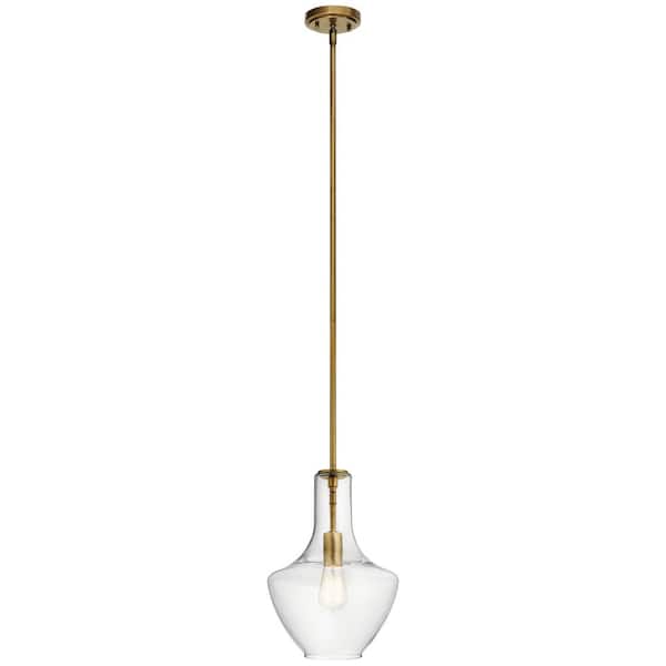 KICHLER Everly 15.25 in. 1-Light Natural Brass Transitional Shaded Kitchen Bell Pendant Hanging Light with Clear Glass