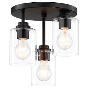 11 in. 3-Light Modern Black Flush Mount Ceiling Light with Clear Glass Shades