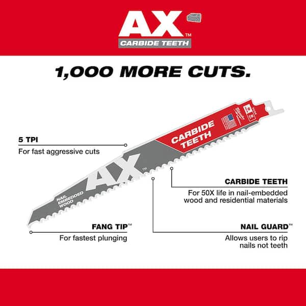 Milwaukee - 9 in. 5 TPI AX Carbide Teeth Demolition Nail-Embedded Wood Cutting SAWZALL Reciprocating Saw Blade (1-Pack)