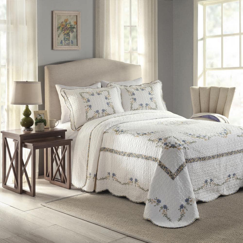 Heather King Size White and Blue Embroidered Cotton Sham