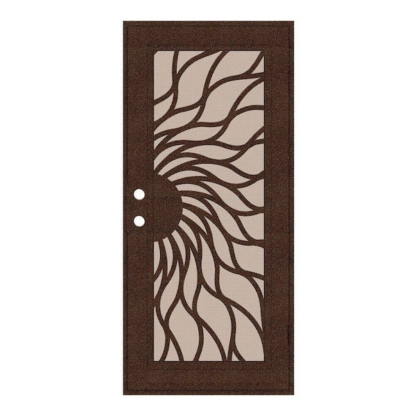 Unique Home Designs 32 in. x 80 in. Sunfire Copperclad Left-Hand Surface Mount Aluminum Security Door with Desert Sand Perforated Screen