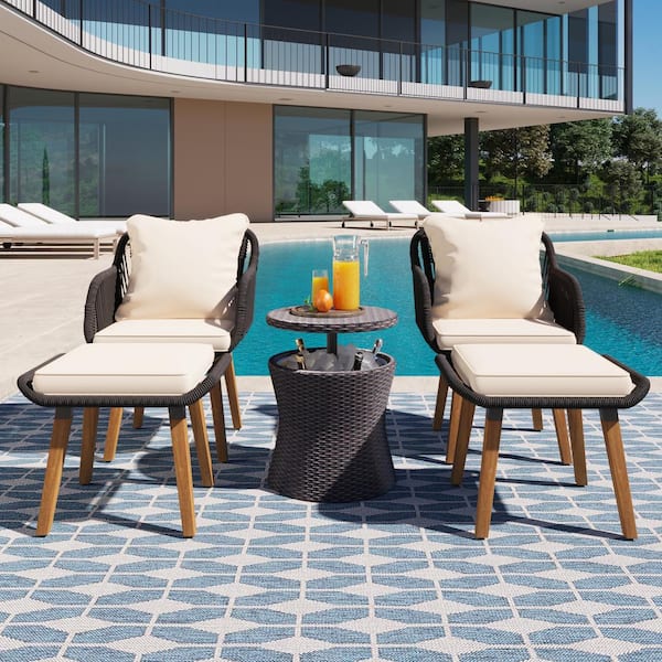 Sungrd 5-Piece Steel Frame Patio Furniture Chair Set With Wicker Cool Bar Table, Ottomans, Removable and Washable Cushion Beige
