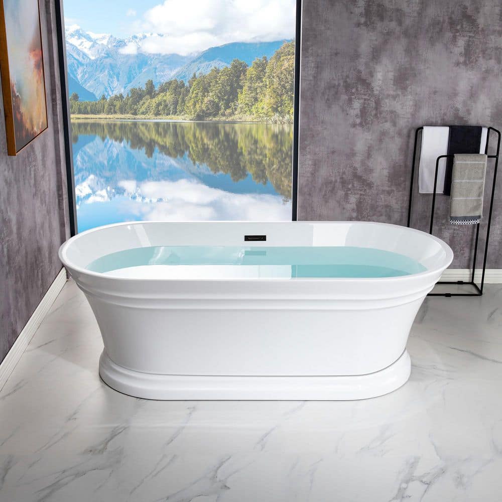 67" White Acrylic Freestanding Soaking Bathtub with Matte Black Trim