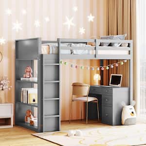 Gray Twin Size Wood Loft Bed with Ladder, 3 Shelves, 4 Drawers and Desk