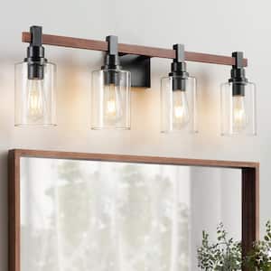 31.5 in. 4 Light Black and Walnut Vanity Light with Clear Glass Shade Dimmable Bathroom Light Fixture