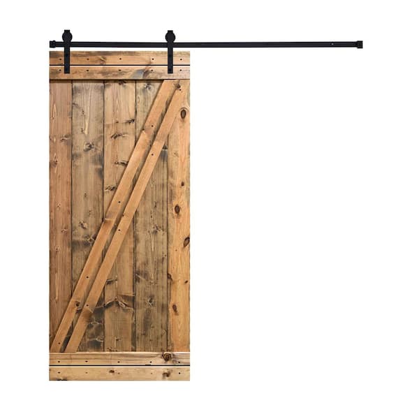 AIOPOP HOME Modern Z Style Series 36 in. x 84 in. Briar smoke Brown stained Knotty Pine Wood DIY Sliding Barn Door with Hardware Kit