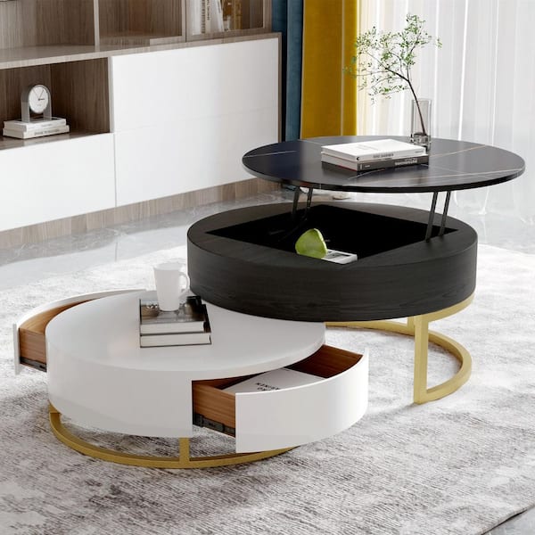 52 in. Black Round Sintered Stone Top Coffee Table with Lift Top