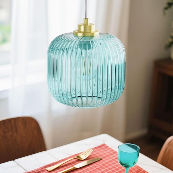 60-Watt 1 Light Gold Modern Pendant Light with Light Blue Glass Shade for Dining Room Porch, No Bulbs Included