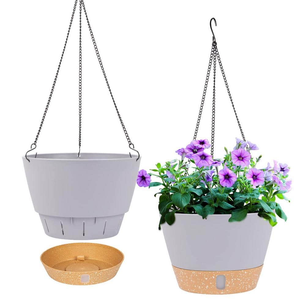10 in. Dia Light Gray Plastic Hanging Basket with Visible Water Level (2-Pa