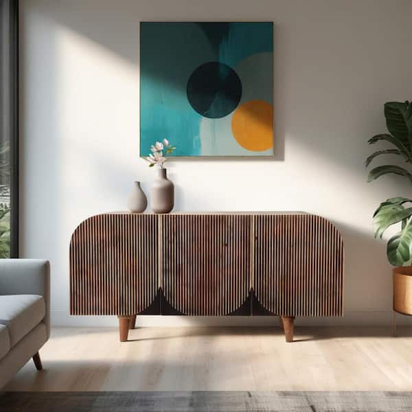 60 in. Brown Rectangle Mango Wood Curved Console Table with Veneer Ridges