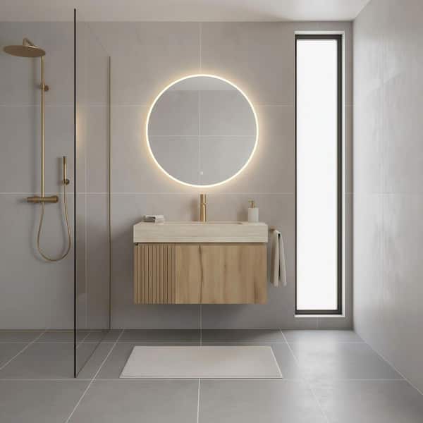 30 in. Floating White Oak Woodgrain Bath Vanity with Sintered Stone Top, Pre-Assembled