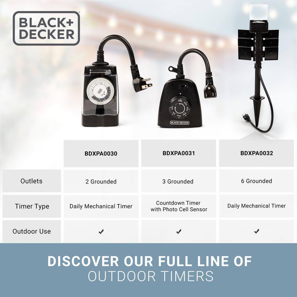 Black Waterproof Outdoor Garden Timer Stake with 6 Grounded Outlets