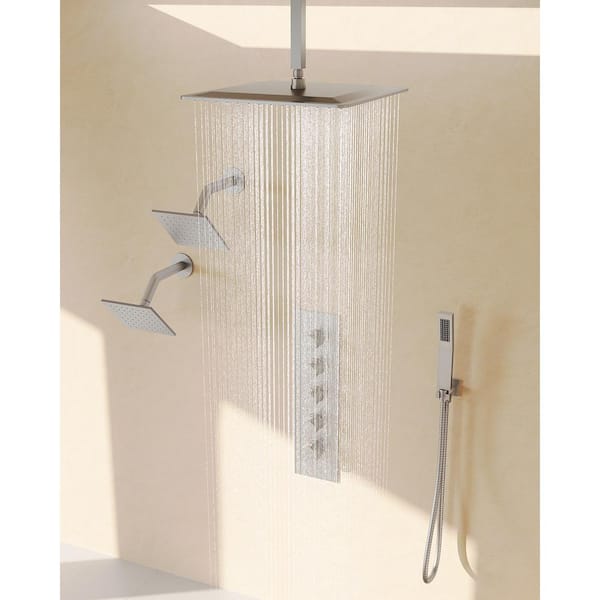 SerenityFlow 15-Spray 16 and 6 and 6 in. Dual Ceiling Mount Fixed and Handheld Shower Head 2.5 GPM in Brushed Nickel