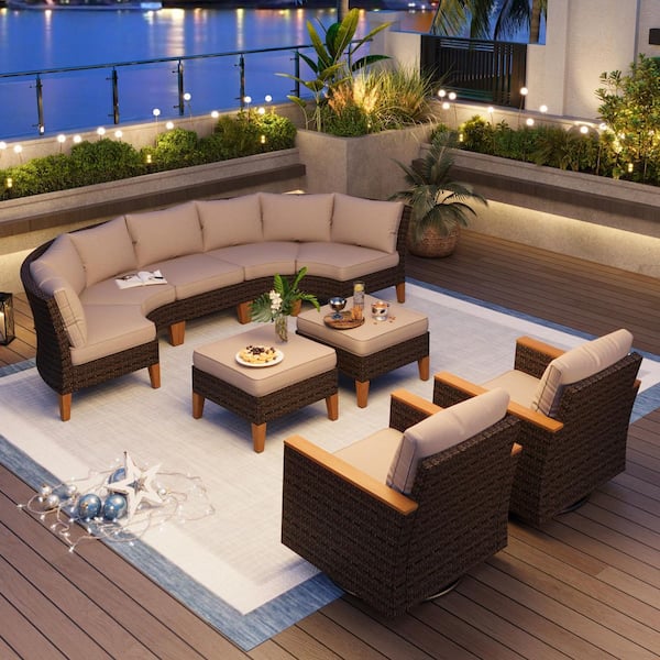 PHI VILLA Brown Wicker Rattan 9 Seat 9-Piece Steel Outdoor Patio Conversation Set with Beige Cushion 2 Swivel Sofas and 2 Ottomans