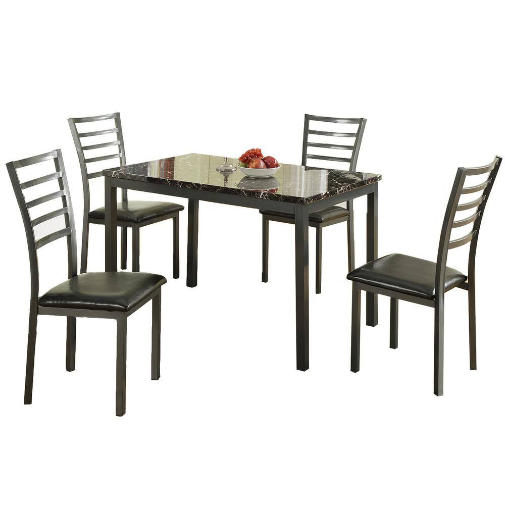 5-Piece Rectangular, Black Metal Frame with Black PU Leather, Brown Faux Ma