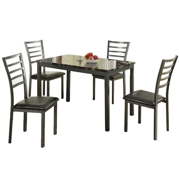 SIMPLE RELAX 5-Piece Rectangular, Black Metal Frame with Black PU Leather, Brown Faux Marble Top, Dining Room Set, Seats 4