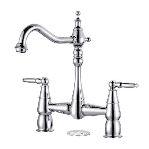 Classic Double-Handle Bridge Kitchen Faucet with 360° Swivel High Arc Spout in Polished Chrome
