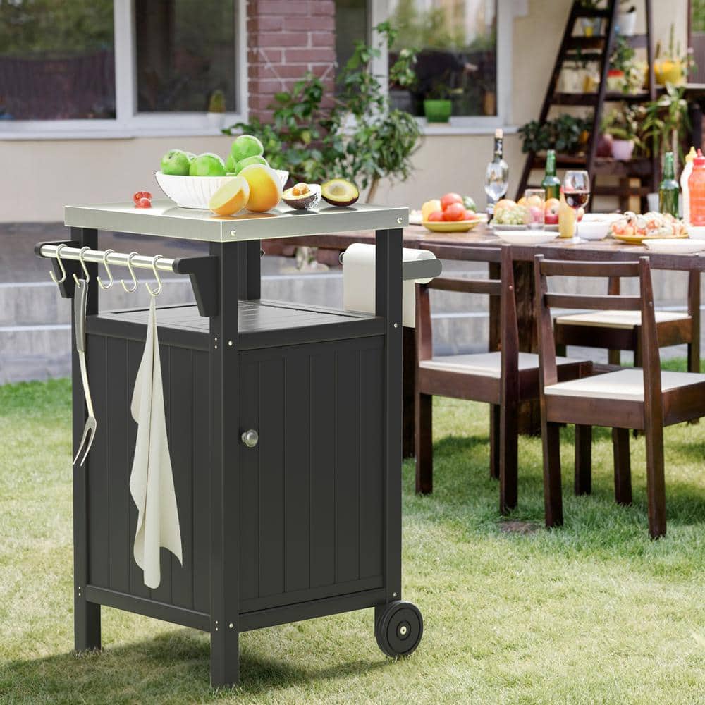 Black Outdoor Grill Cart Table with Storage Cabinet for BBQ, Patio Cabinet 