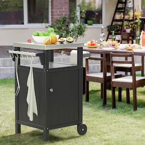 Black Outdoor Grill Cart Table with Storage Cabinet for BBQ, Patio Cabinet with Wheels, Hooks and Side Shelf