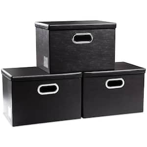 27 Qt. Leather Fabric Storage Bin with Lid in Black (3-Box)