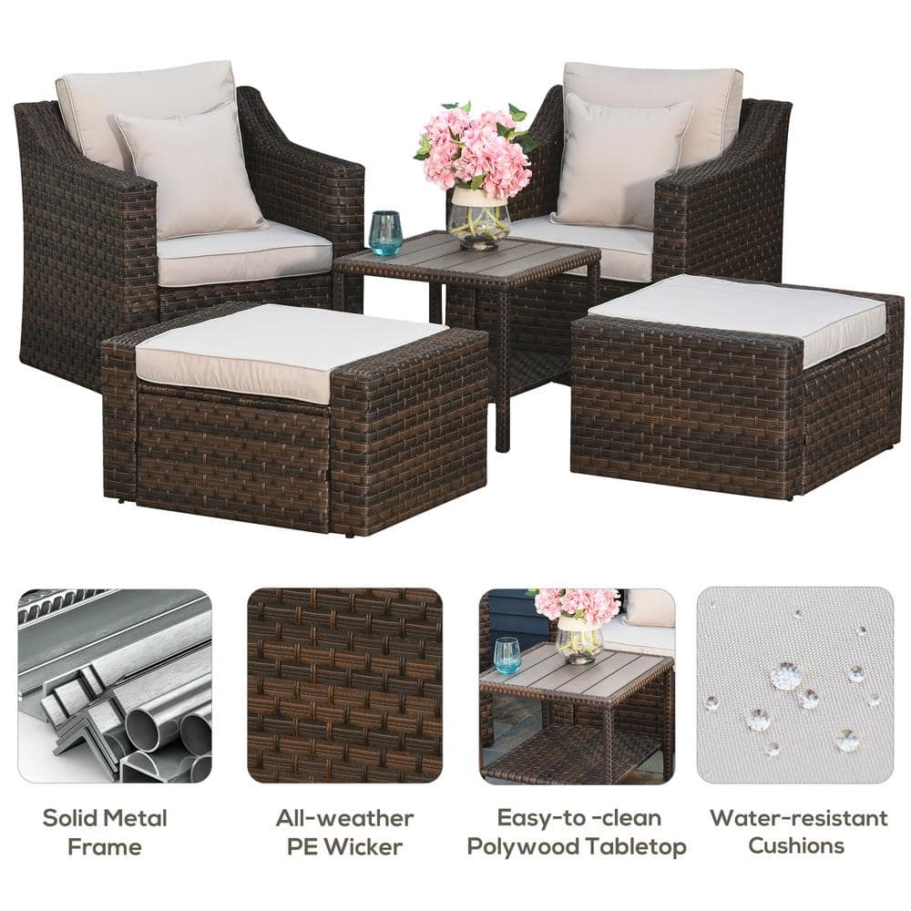 Beige PE Rattan 5-Piece Outdoor Patio Conversation Set
