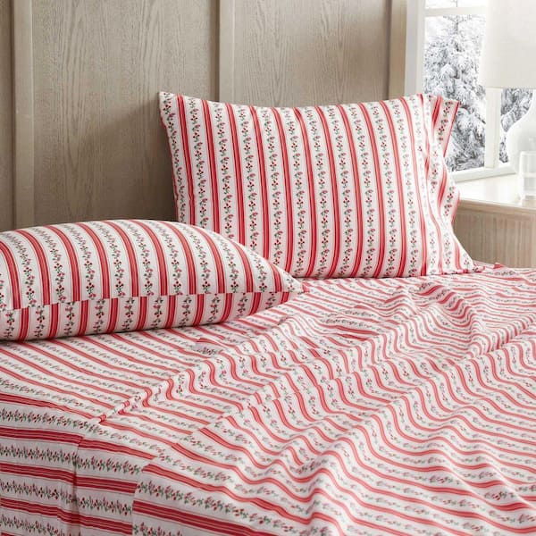 MARTHA STEWART Rose Ribbon 4-Piece White/Red Percale Cotton King