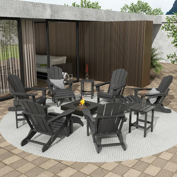 WESTIN OUTDOOR Addison Gray 12-Piece HDPE Plastic Folding Adirondack Chair Patio Conversation Seating Set with Ottoman and Table