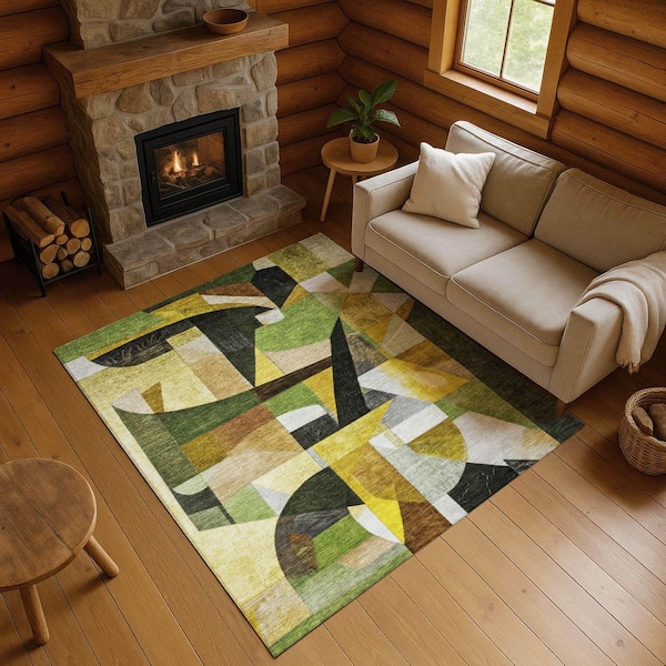 Mayfield Premium Machine Washable Abstract AMF1757 Green 5 ft. x 7 ft. 6 in. Area Rug