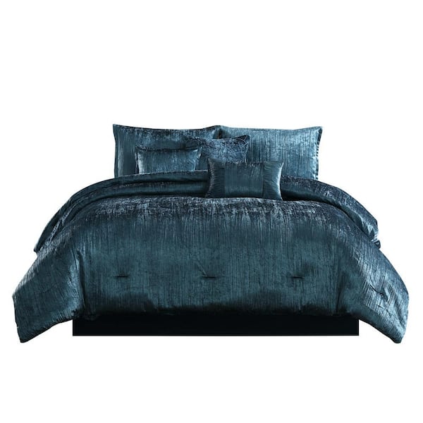 Benjara 7-Piece Blue Solid Print Microfiber King Comforter Set