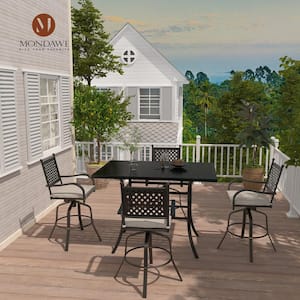 5-Piece Aluminum Bar Height Outdoor Dining Set 360-Degree Chair andquare Table with Gray Cushion and Umbrella Hole