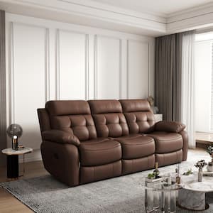 85 in. W Round Arm Genuine Leather Rectangle Manual Reclining Sofa in. Brown with Drop Down Table, Cup Holders