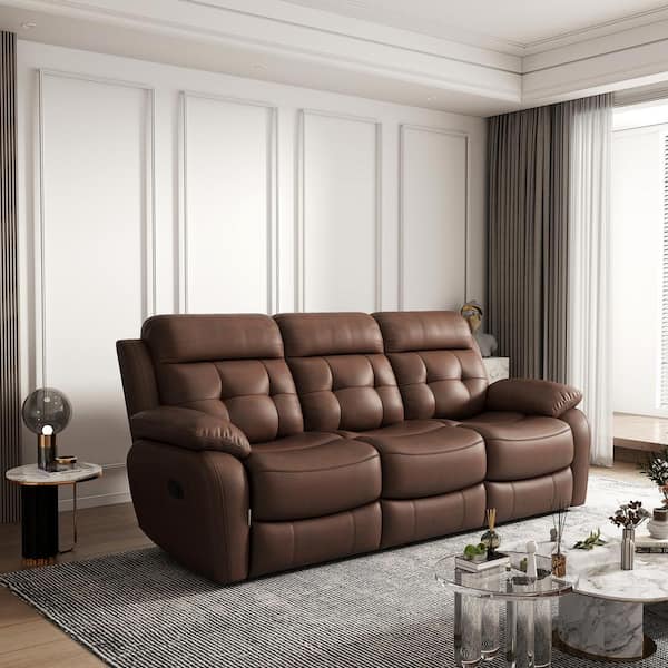 Merax 85 in. W Round Arm Genuine Leather Rectangle Manual Reclining Sofa in. Brown with Console, Cup Holders, Wireless Charger