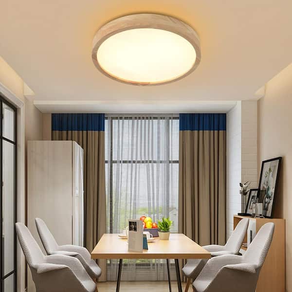 OUKANING 15.74 in. Log Color Wood Dimmable Flush Mount LED Ceiling