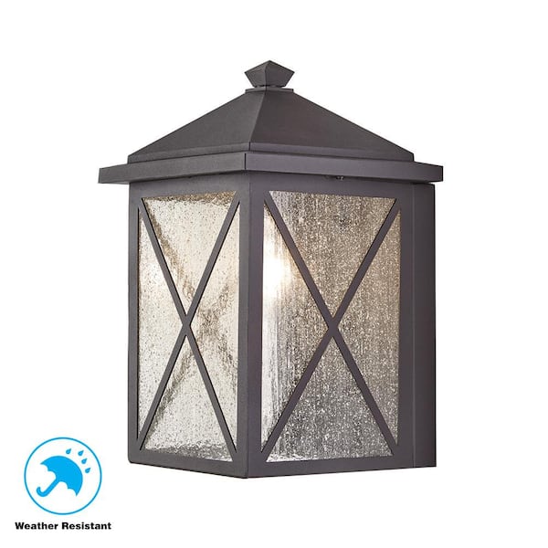 Home Decorators Collection Wythe 12 in. 1-Light Black Large Outdoor Wall Light Fixture with Seeded Glass