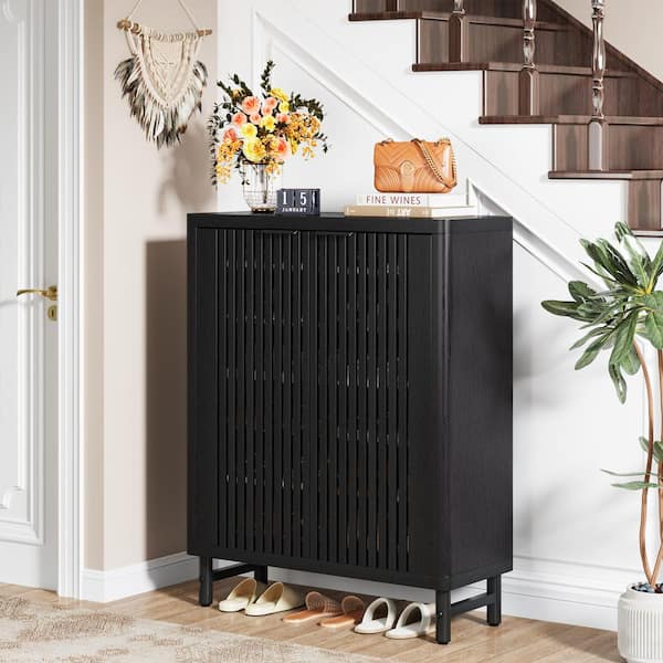 BYBLIGHT Lauren 43 in. H x 33 in. W Black Wood Shoe Storage BYBLIGHT Lauren 43 in. H x 33 in. W Black Wood Shoe Storage