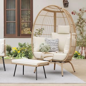 Brown Wicker Outdoor Patio Egg Chair with Footrest and Beige Cushion