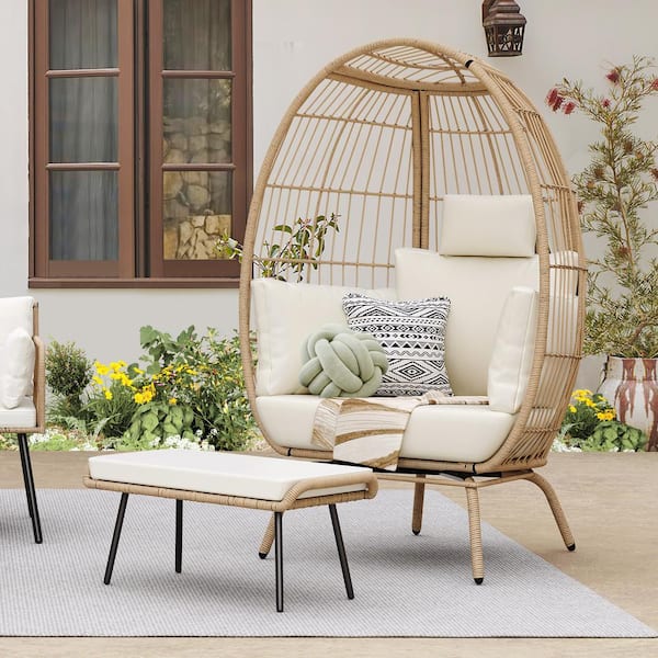 DEXTRUS Brown Wicker Outdoor Patio Egg Chair with Footrest and Beige Cushion